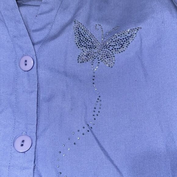 Angel Womens Light Blue Button-Up Scrub Jacket W/ Rhinestone Butterfly Design XS - Picture 5 of 10